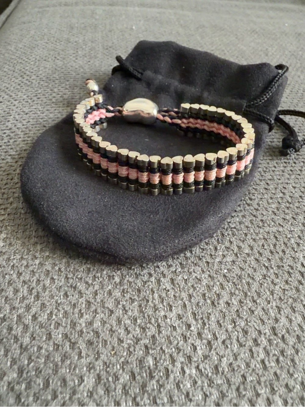 Woven Pink and Black Bead Bracelet with Silver Accent